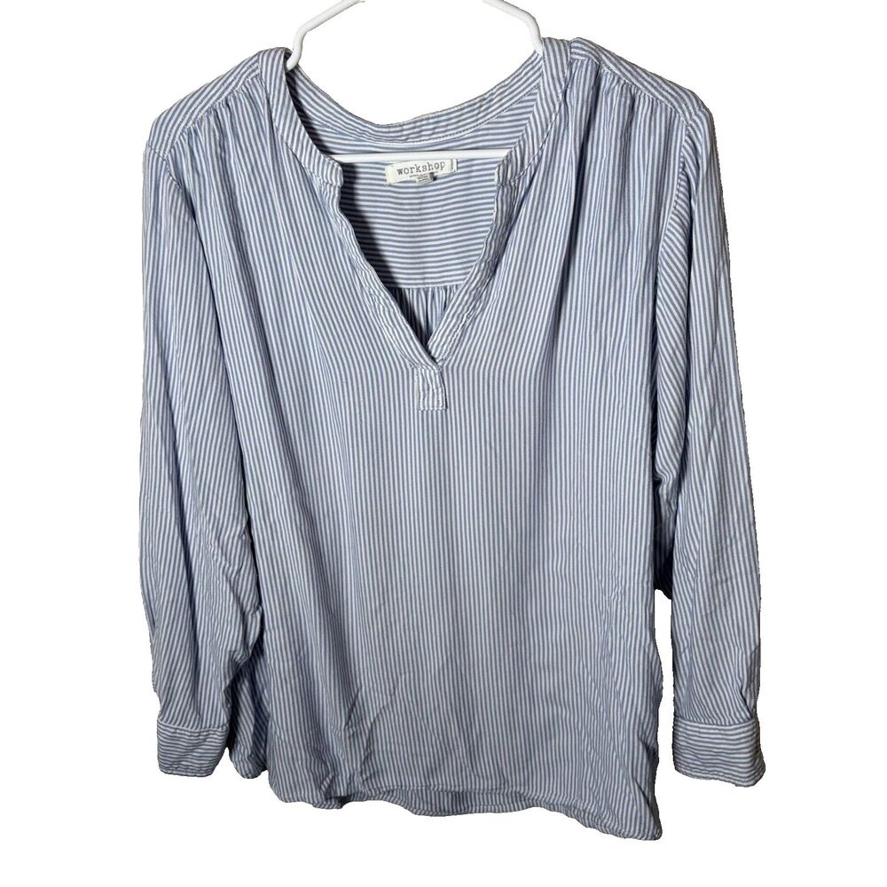 Workshop Republic Clothing Blouse Women's 1X V-Neck Blue Striped Casual Top